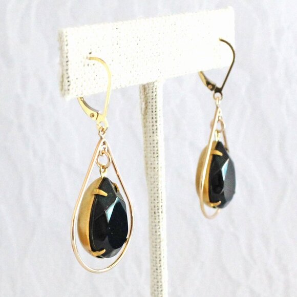 Vintage Rhinestone Earrings, Black Teardrop Earrings, Gold Fill Leverbac… - Picture 6 of 9